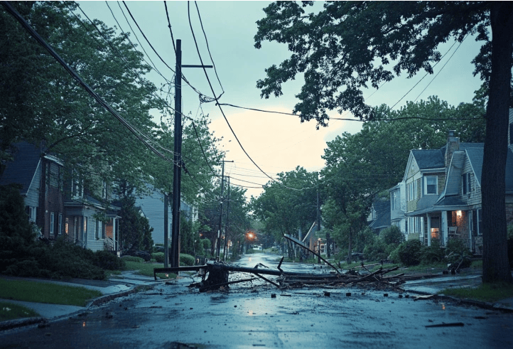 Fallen tree surrounded by powerlines