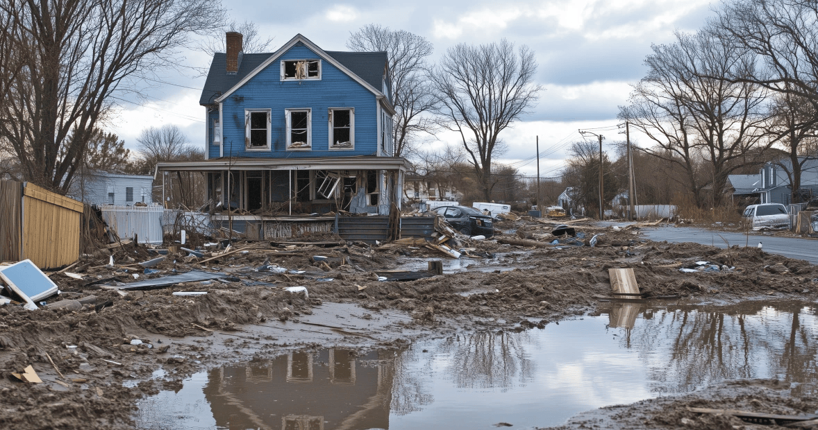 blue house surrounded by damage from a storm